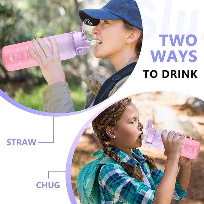 SLUXKE 24oz Insulated Water Bottle 18/10 Stainless Steel with 2Lids(Straw Lid& Spout Lids), 700ml Double Wall Vacuum Water Bottle with Handle Keep Cold and Hot for Men, Women & Kids PURPLE PINK