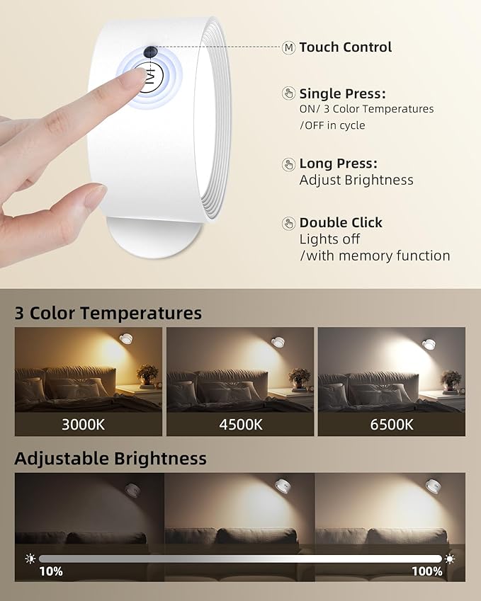 LED Wall Mounted Lights, Rechargeable Wall Sconces Lamp, 3 Color Temps & Remote and Touch, 360° Rotation Dimmable Cordless Wall Light for Study Bedroom Reading Bedside(White, 1 Pack)
