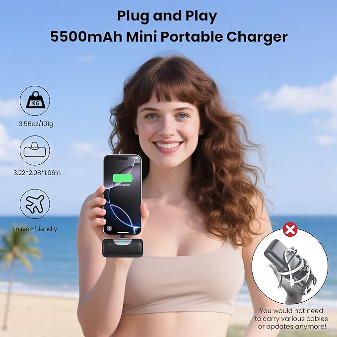 [2 Packs]Mini Portable Charger for iPhone 17, 5500mAh LCD Display USB C Power Bank,Fast Phone Charging Travel Pocket Size Battery Pack for iPhone 17/17 Pro/17 Pro Max/16/15 Series,Android(Black+Pink)