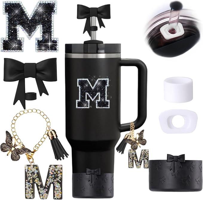 6pcs Black Stanley Cup Accessories Set, Bow Straw Topper for Stanley Cup 30oz 40oz, Including Straw Topper and Bow Silicone Boot, Stoppers Spill Proof, Handle Charm, Initials Sticker