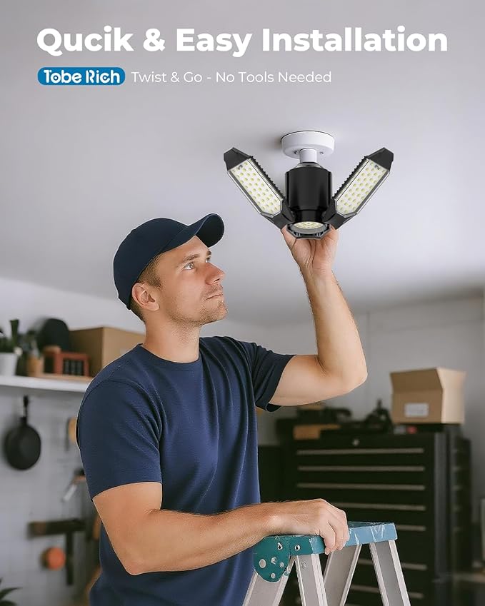 toberich LED Garage Light Bulbs 4 Pack, 8000LM Shop Lights with 3+1 Deformable Panels, 6500K Screw in Ceiling Lights Bay Lighting for Garage, Workshop, Workbench, Basement