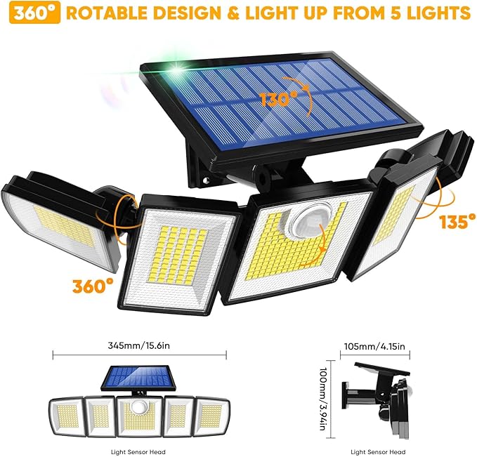 MDCMDCM Outdoor Solar Light Motion Sensor Waterproof - 3000 Lumens 3 Modes 416 LEDs 32ft 2400mAh 5 Heads Security Lights Flood Lights with Remote for Patio Yard Pool Outside （Wireless, 2p）