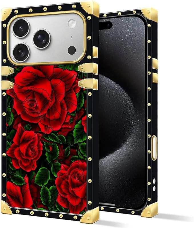 for iPhone 17 Pro Case Luxury Golden Decoration for Girl Women Soft TPU Shockproof Protective Hard PC Back for iPhone 17 Pro Crazy Pattern Vector Red Rose Green Leaf