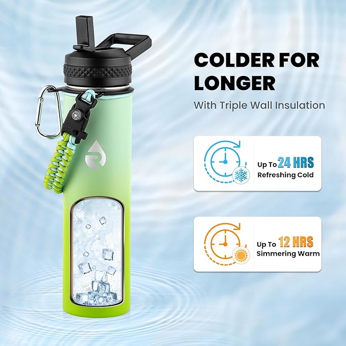 RAYMYLO Insulated Water Bottle 24oz, Triple Wall Vacuum Stainless Steel (Cold for 24Hrs, Hot for 12Hrs), Leak Proof & Non-BPA, 24oz Hydro Water Flask with Paracord Handle & Straw Spout Lids