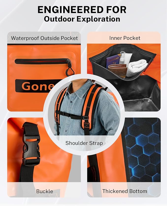 Gonex Waterproof Duffel Bag, 90L Heavy Duty Dry Duffle Bag with Reinforced Thickened Bottom, 3-in-1 Convertible Large Travel Backpack for Kayaking, Motorcycle, Camping & Boating, Orange