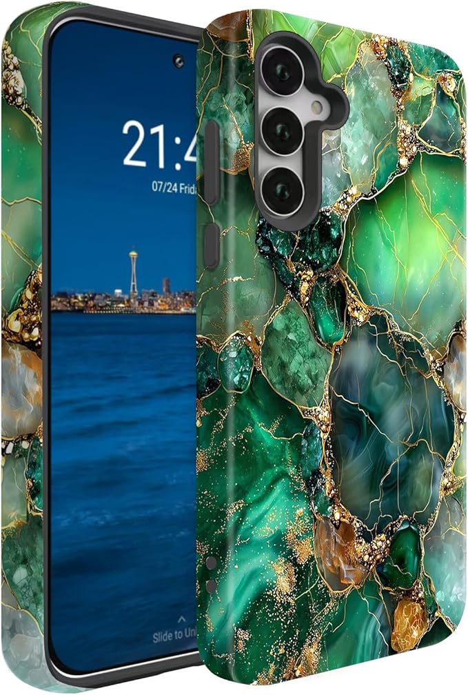 Compatible for Samsung Galaxy A36 5G Case, Dual Layer Heavy Duty 2 in 1 Shockproof Protective Phone Case,Green Onyx with Gold Veins Print
