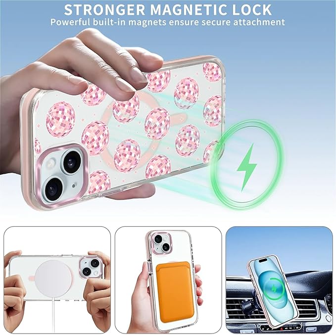 Case for iPhone 14 Plus/15 Plus,[Compatible with MagSafe],Disco Balls Pink Phone Case Design，for Women Girls Magnetic Clear Cover - Slim, Sleek, & Shockproof Protection