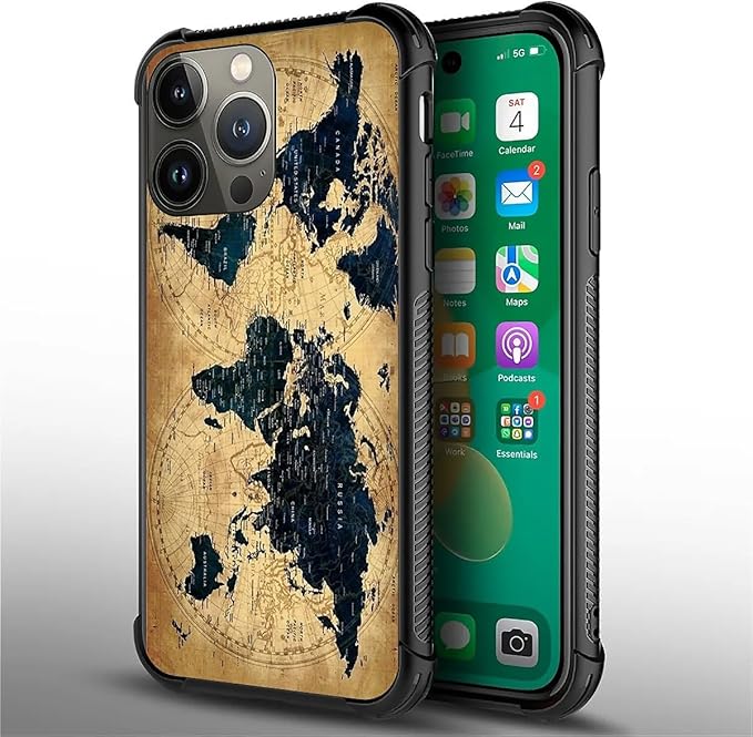 for iPhone 13 Pro Case, Brown World Map Pattern Graphic Design Girl Boy Soft Silicone Hard Acrylic Shock Protection for iPhone 13 Pro