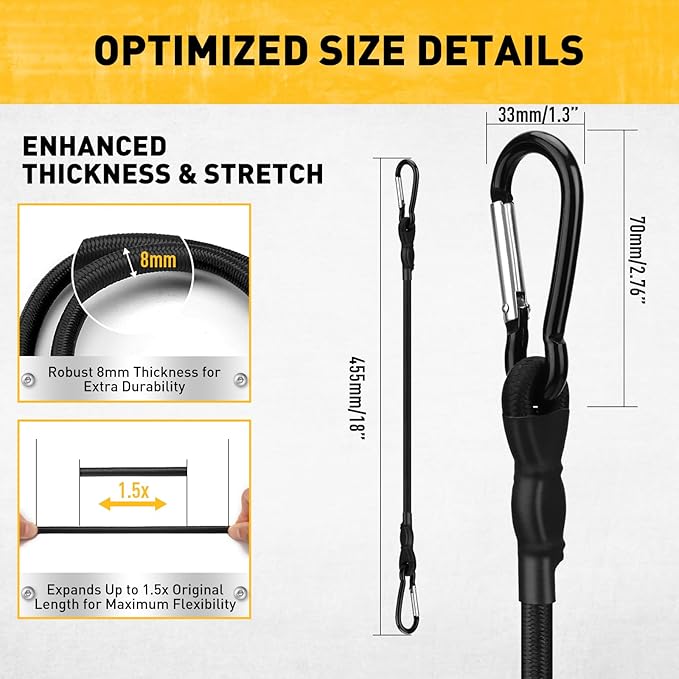 6 Piece 18 Inch Carabiner Bungee Cords with Hooks, Heavy Duty Outdoor Bungee Cords with Carabiner Hooks, 6" Nylon Cable Ties, UV & Weather Resistant