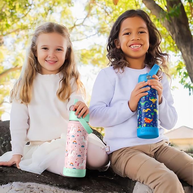 Fimibuke Kids Insulated Water Bottle, 18oz BPA FREE 18/8 Stainless Steel Kids Cup with Straw Travel Tumbler Double Wall Vacuum Leak Proof Toddler Water Bottle for School Boys Girls(1 Pack, Trucks)
