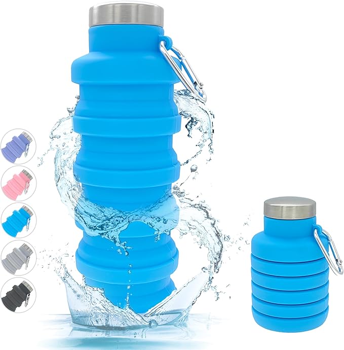 YCT Collapsible Water Bottle 17oz（500ml），Travel Portable Sport Water Bottle，Reusable Silicone Foldable Water Bottles for Gym Camping Hiking (Blue)
