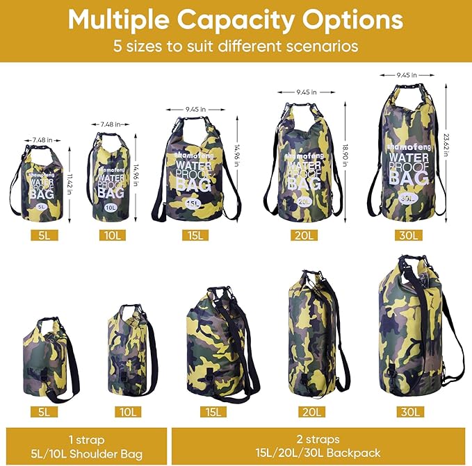Waterproof Dry Bag 5L/10L/15L/20L/30L Roll Top Dry Storage Backpack with Phone Case, Collapsible Water Bottle, Sunglasses, Ear Band for Kayaking Boating Swimming Fishing Camping, Yellow 5L