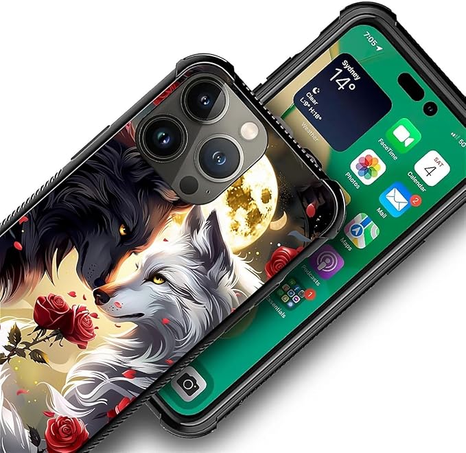 for iPhone 13 Pro Max Case, Black White Wolf Moon Flower Rose Pattern Graphic Design Girl Boy Soft Silicone Hard Acrylic Shock Protection for iPhone 13 Pro Max