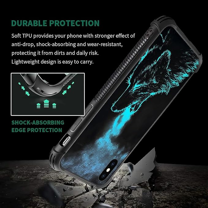 for iPhone Xs Max Case, Blue Breathing Wolf Pattern Graphic Design Girl Boy Soft Silicone Hard Acrylic Shock Protection for iPhone Xs Max