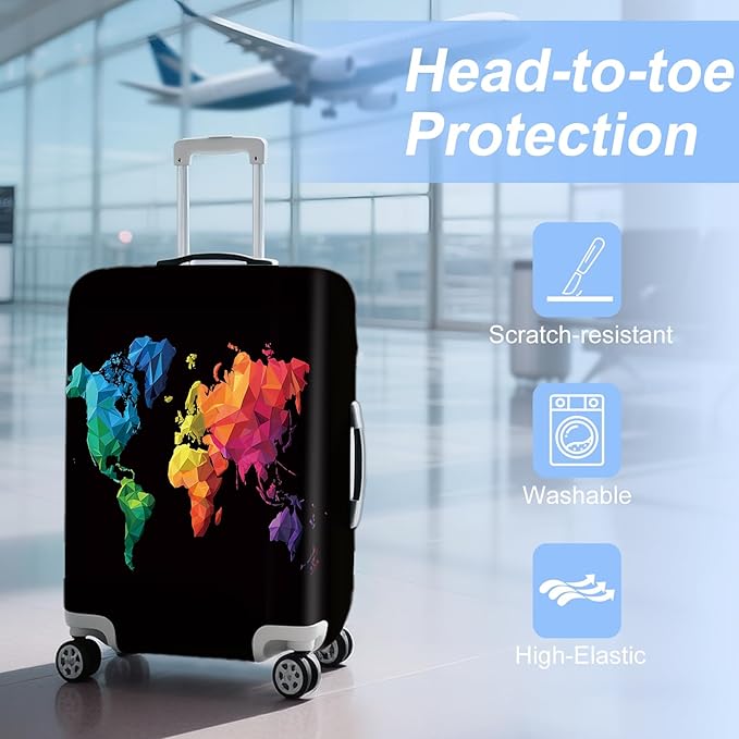 ANNA QUEEN Geometric World Map Travel Luggage Cover -Stretchable Airplane Suitcase Protector Sleeve,Universal Washable Fit for 28-30 Inch Checked Baggage,Water Resistant Durable Luggage Protector