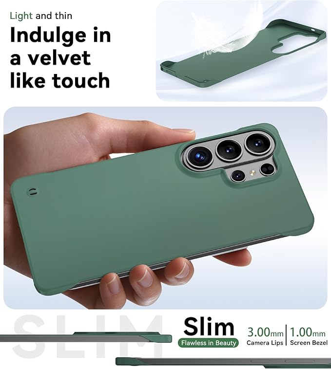 GRECAZO Slim Borderless for Samsung Galaxy S26 Ultra Phone Case 6.9"(2026) Ultra-Thin Lightweight Frameless Matte Hard PC Cover Case with Pull Ring Minimalist Non Slip Rope-Dark Green