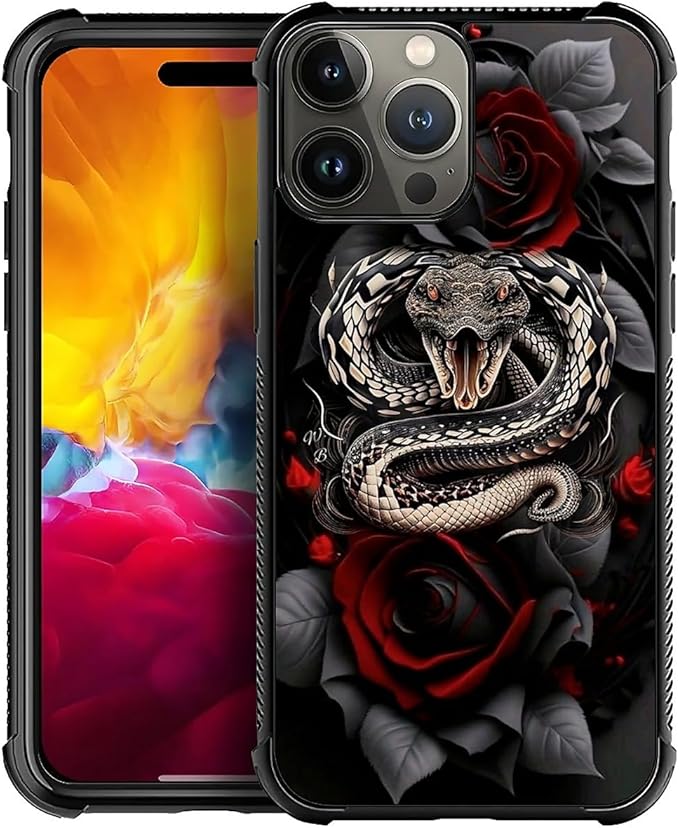 for iPhone 15 Pro Max Case, Entwined Rose Snake Pattern Graphic Design Girl Boy Soft Silicone Hard Acrylic Shock Protection for iPhone 15 Pro Max