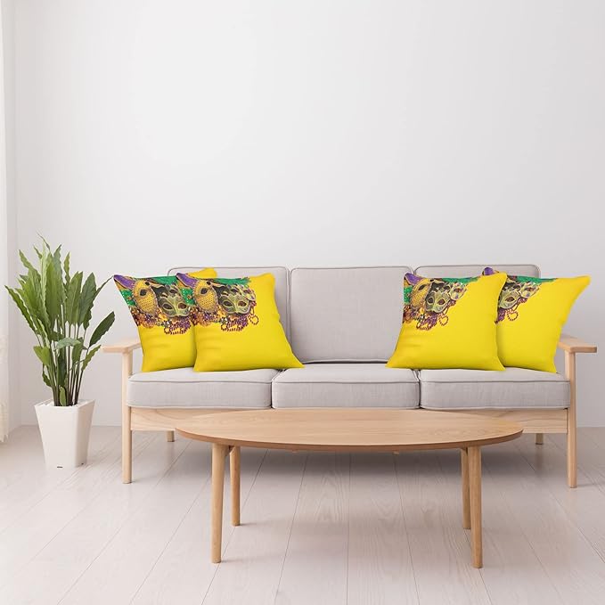 Ambesonne Mardi Gras Decorative Throw Pillow Case Pack of 4, Colorful Group of Venetian Carnivals Accessories, Cushion Cover for Couch Living Room Car, 18", Purple Yellow