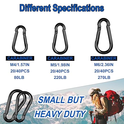 40PCS M4 Heavy Duty Carabiner Clip, 1.57Inch Snap Hook Quick Link Small Carabiner Clips,Spring Link Buckle for Fishing Camping Hammock Dog Leashes-110LBS Holding Capacity (Black)