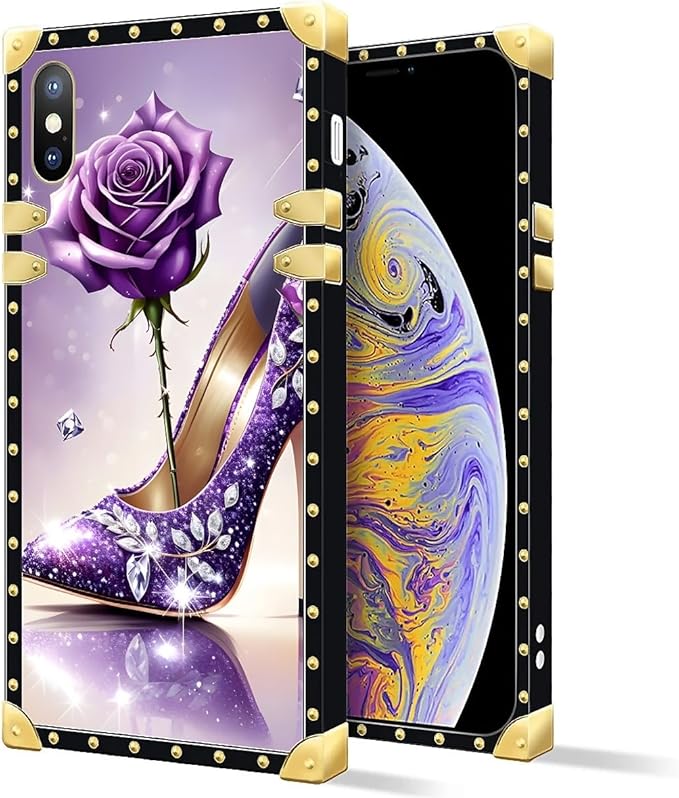 Compatible with iPhone Xs Max Case, High Heeled Purple Diamond Rose Luxury Golden Decoration for Girl Women Soft TPU Shockproof Protective Hard PC Back for iPhone Xs Max