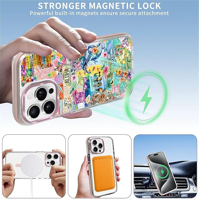 Case for iPhone 14 Pro,[Compatible with MagSafe],Hawaii Aloha Cover Coastal Beach Collage Phone Case Design，for Women Girls Magnetic Clear Cover - Slim, Sleek, & Shockproof Protection