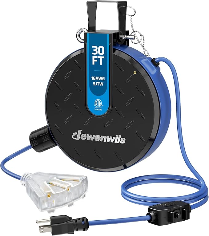 DEWENWILS 30FT Retractable Extension Cord Reel, Ceiling/Wall Mount 16/3 SJTW Power Cord with 3 Lighted Triple Outlets for Garage Shop, 10 Amp Circuit Breaker, Metal Plate, ETL Listed, Blue