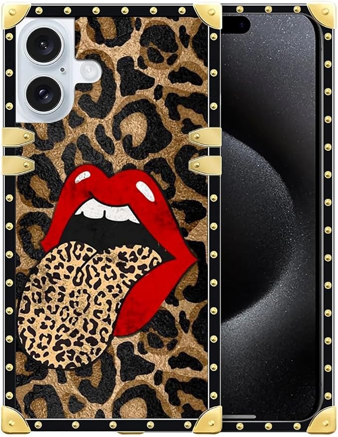 Compatible with iPhone 16 Plus Case, Brown Leopard Print Mouth Luxury Golden Decoration for Girl Women Soft TPU Shockproof Protective Hard PC Back for iPhone 16 Plus