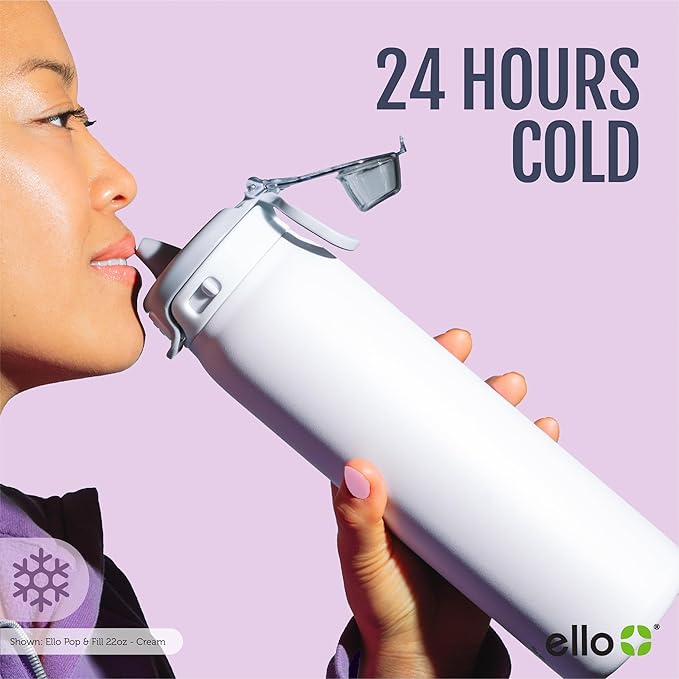 Ello Pop & Fill 22oz Stainless Steel Water Bottle with Quick Fill Technology, Double Walled and Vacuum Insulated Metal, Leak Proof Locking Lid, Sip and Chug, Reusable, BPA Free, Tonal Black