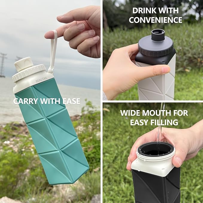 BEAUTAIL Collapsible Water Bottles, Silicone Foldable Water Bottle 610ml, BPA-Free Portable Reusable Leakproof Bottle for Gym Travel Camping Hiking Sports Outdoor, 1 Pack (Pink)