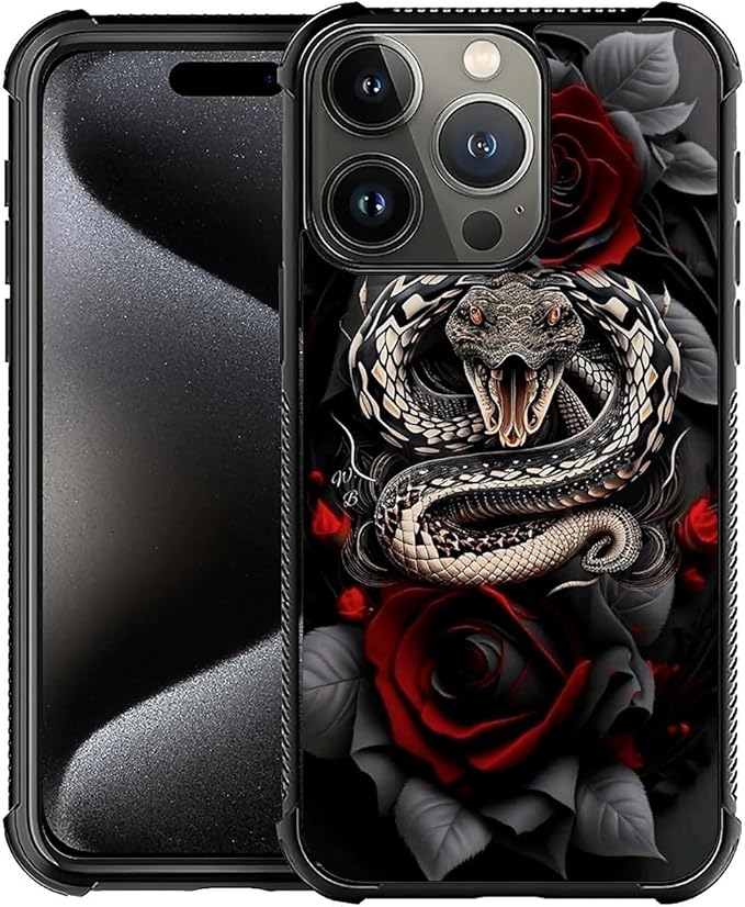 for iPhone 16 Pro Case, Entwined Rose Snake Pattern Graphic Design Girl Boy Soft Silicone Hard Acrylic Shock Protection for iPhone 16 Pro