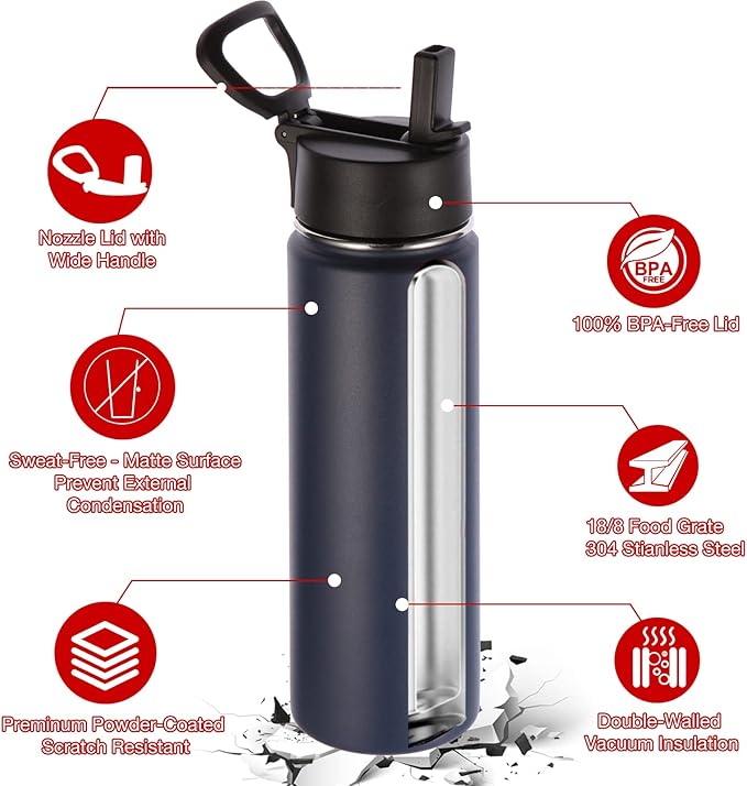 Volhoply 24oz Insulated Water Bottle With Straw Bulk 6 Pack,Metal Wide Mouth Water Bottles With Handle Lid Keep Cold,Reusable Double Wall Cups,Powder Coated Sport Bottle For Holder(Navy,6 Count)