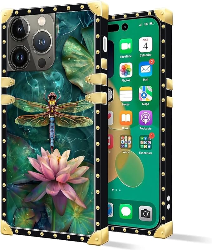 Compatible with iPhone 14 Pro Max Case, Colourful Dragonfly Pink Lily Pads Luxury Golden Decoration for Girl Women Soft TPU Shockproof Protective Hard PC Back for iPhone 14 Pro Max