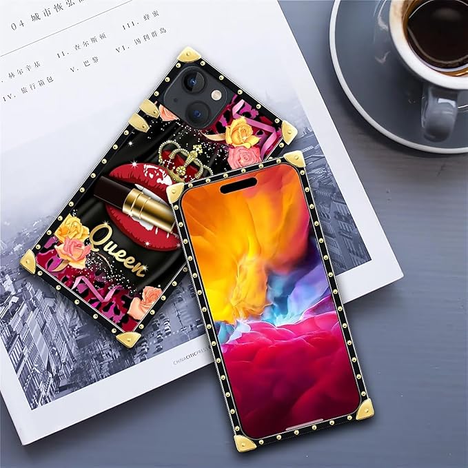 Compatible with iPhone 15 Case, Queen Lip Crown Leopard Print Luxury Golden Decoration for Girl Women Soft TPU Shockproof Protective Hard PC Back for iPhone 15
