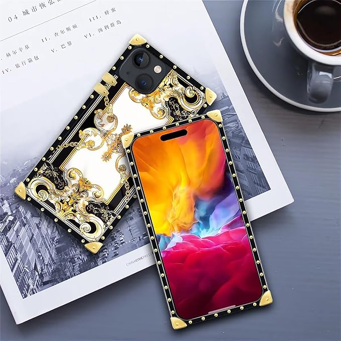 Compatible with iPhone 15 Case, Gold Grain Flowers Luxury Golden Decoration for Girl Women Soft TPU Shockproof Protective Hard PC Back for iPhone 15