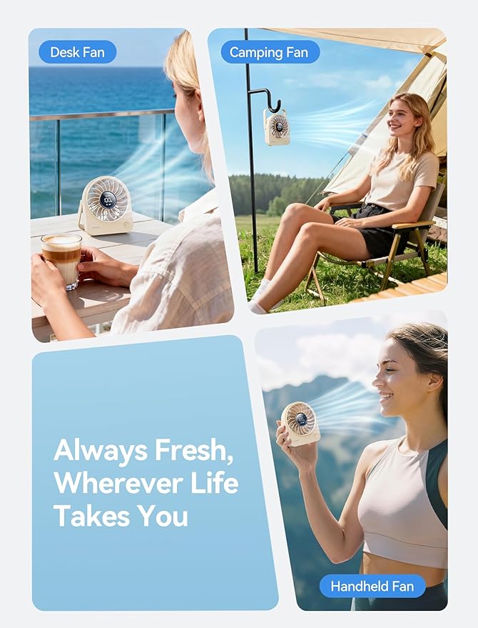 Aecooly Mini Portable Fan, Small Enough to Hold USB Desk Fan, 4 Speeds Quiet Rechargeable [10H Max Cooling Time], 180° Adjustable Battery Powered Personal for Travel, Office, Gifts for Women -Beige