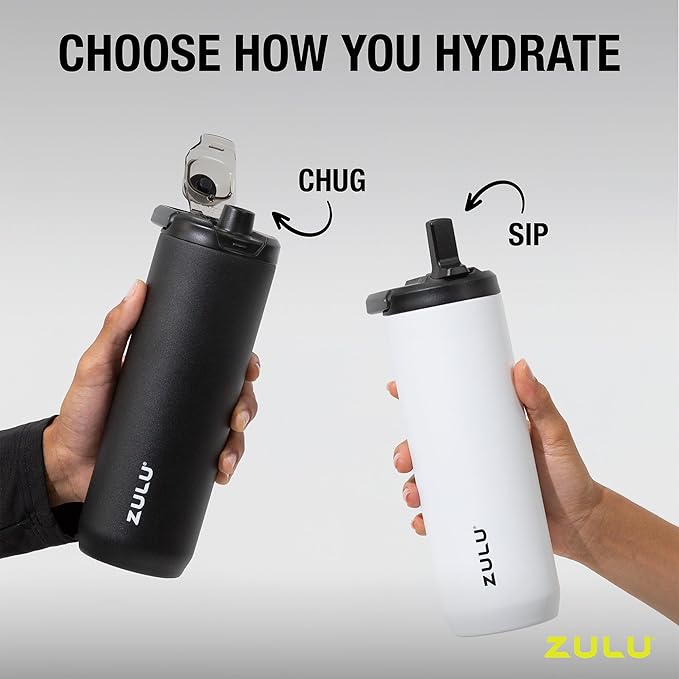 ZULU Base 24oz Stainless Steel Water Bottle with 3 Lids- Straw, Chug, Twist | Double Walled and Vacuum Insulated Metal Thermos | Fits Car Cupholder, Built in Carry Loop, Dishwasher Safe, Black
