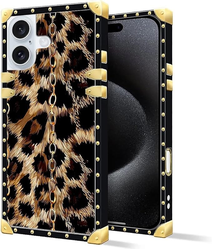 Compatible with iPhone 16 Plus Case, Seamless Gold Chain Leopard Luxury Golden Decoration for Girl Women Soft TPU Shockproof Protective Hard PC Back