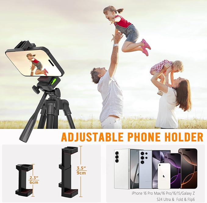 Luswemi 53'' Phone & Camera Mount Tripod Stand with Remote and Holder, Portable Cellphone Tripod Compatible with iPhone 16 Pro Max/15 Pro/Samsung/DJI/GoPro
