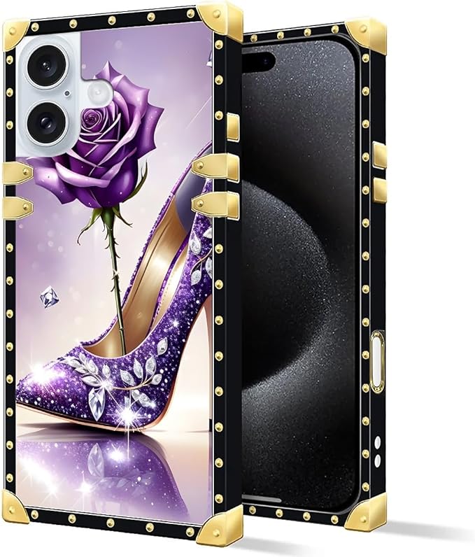 Compatible with iPhone 16 Plus Case, High Heeled Purple Diamond Rose Luxury Golden Decoration for Girl Women Soft TPU Shockproof Protective Hard PC Back for iPhone 16 Plus