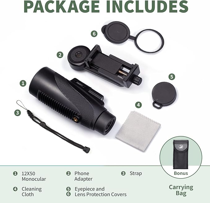Gosky Titan 12X50 Monocular Telescope with Smartphone Holder - Waterproof Fog-Proof Shockproof Scope BAK-4 Prism FMC for Bird Watching Hunting Camping Traveling Wildlife Scenery