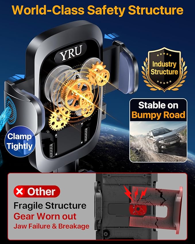 YRU [True Upgrade for Safety] Car Phone Holder Mount [Patent & Military-Grade] Dashboard Cell Phone Holder for Car Vent Windshield Phone Stand for iPhone 17 16 15 14 13 Pro Max Truck Samsung (Grey)