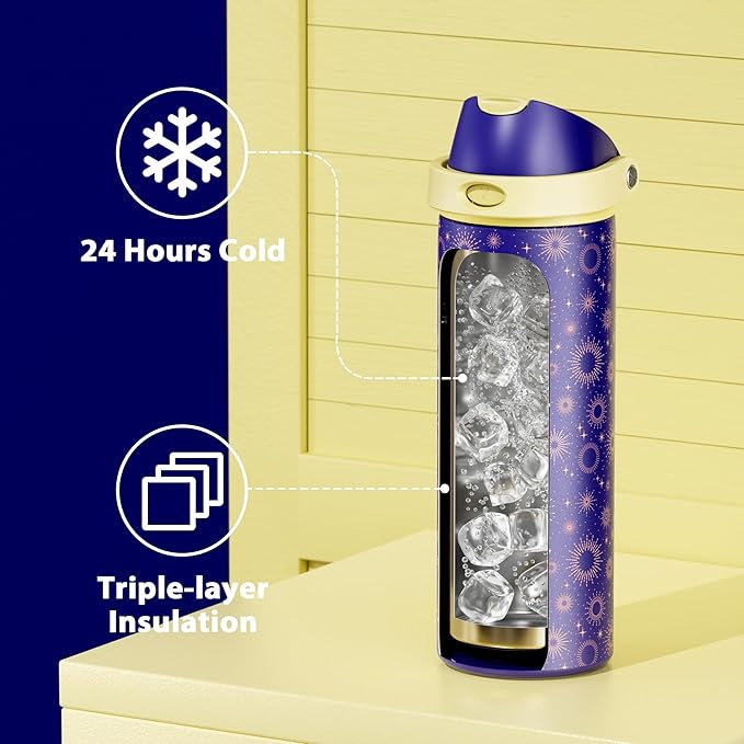 24 oz Insulated Water Bottle for Men: Meoky Stainless Steel Water Bottle with 2-in-1 Straw and Spout Lid - Leak Proof, Cold for 24 Hours, Fits in Car Cup Holder, BPA-Free for Sports Travel, Destiny