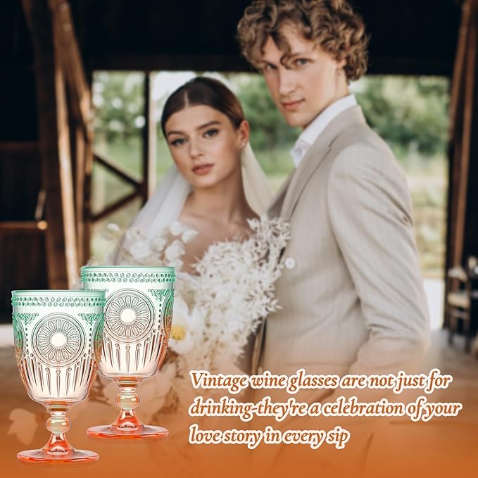 XUWAIDSGN 12Pcs Plastic Vintage Wine Glasses 13.5oz Reusable Embossed Goblet Glasses Green Orange Gradien Retro Wine Glassware Unbreakable Stemmed Champagne Water Cups for Cocktail Juice Wedding, bach