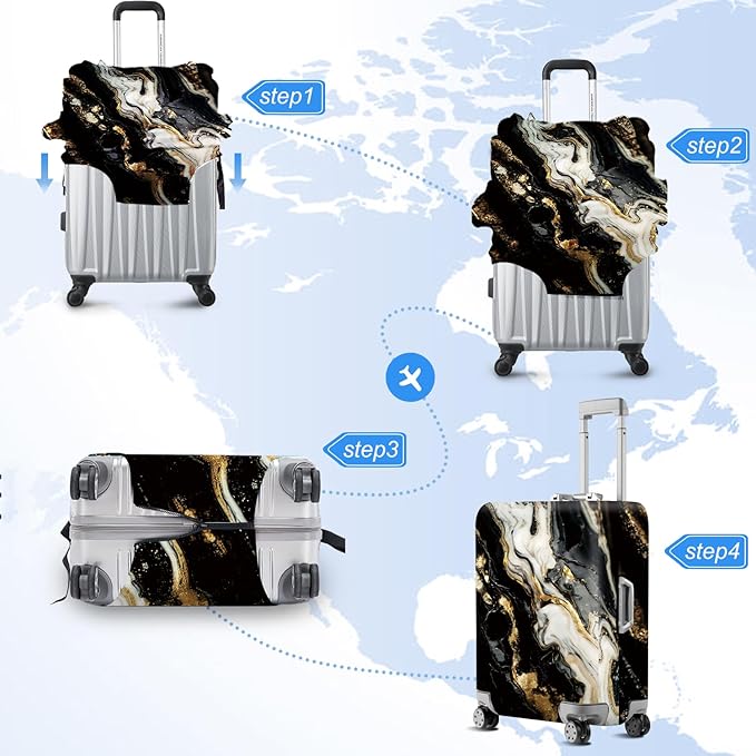ANNA QUEEN Black White Gold Marble Luggage Cover- Stretchable, Water Resistant & Durable Suitcase Protector, Universal Washable Fit for 32-34 Inch Checked Baggage