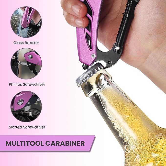 FUNBRO Pink Multitool Carabiner, Stocking Stuffers Gifts for Mom Women Wife, 6-in-1 Keychain Multi Tools with Window Breaker, Bottle Opener and Screwdriver, EDC Gear Gadget for Camping Hiking