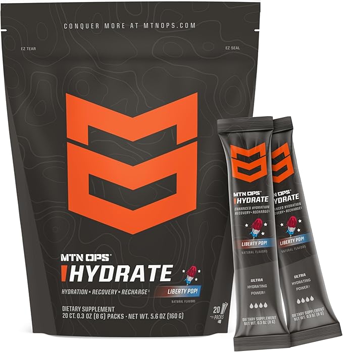 MTN OPS Hydrate Low Sugar Electrolyte Powder Drink Mix with 1g D-Ribose Sugar, 1000mg Electrolytes, On-The-Go Packs, 20 Stick Packs, Liberty Pop