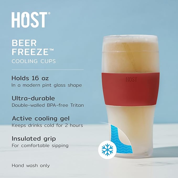 Host FREEZE Beer Glasses, Frozen Brew Mugs, Freezable Pint Glass Set, Insulated Beer Glass to Keep Your Drinks Cold, Double Walled Insulated Glasses, Gift for Dad, 16oz, Set of 2, Crimson Red