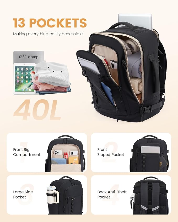 LOVEVOOK 40L Travel Backpack for Men Women, Waterproof Carry On Backpack for Work & Travel, Flight Approved Personal Item with 3 Packing Cubes, TSA Bag Fits 17.3" Laptop,Navy blue