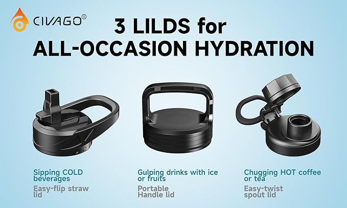 CIVAGO 64 oz Insulated Water Bottle With Straw, Half Gallon Stainless Steel Sports Water Flask Jug with 3 Lids (Straw, Spout and Handle Lid), Large Metal Thermal Cup Mug, Deep Orange