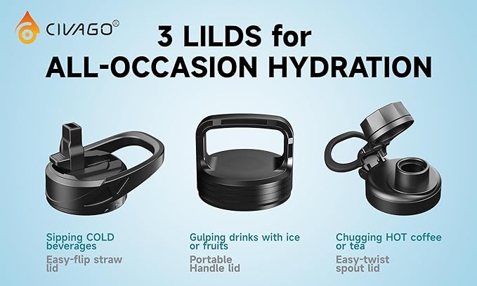 CIVAGO Gallon Insulated Water Bottle Jug with Straw, 128 oz Large Stainless Steel Water Flask, Big Metal Thermal Mug with 3 Lids for Sports, Travel, Gym, and Camping, Indigo Black